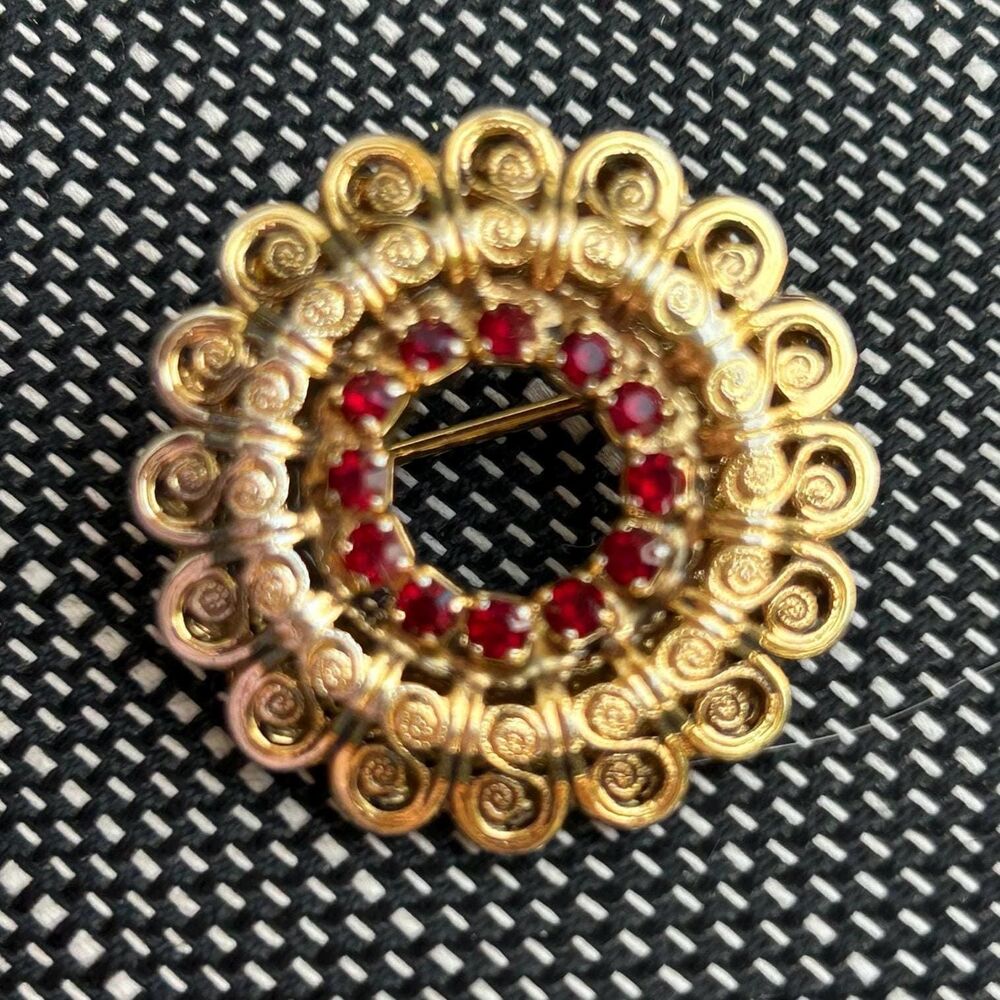 Circular Red and Gold Tone Rhinestone Brooch  - Vintage Pin